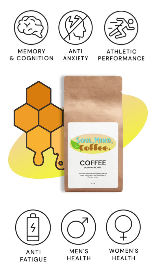 A close-up of a bag of organic supplement infused coffee, showing the ingredients manuka honey health science bag yellow
