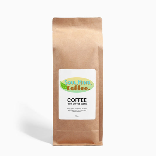  A bag of 16oz hemp coffee blend, with a label that says "Hemp Coffee Blend - 16oz - Boost your energy and focus with this delicious and energizing coffee blend, made with organic hemp powder and roasted coffee beans."