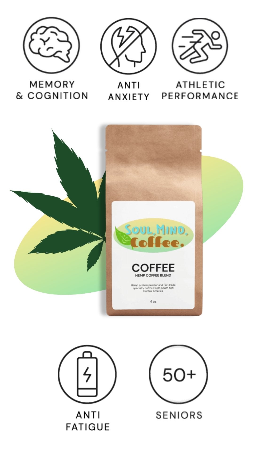  A bag of 4oz hemp coffee blend, with a label that says "Hemp Coffee Blend - 4oz - Perfect for on-the-go, this small bag of hemp coffee blend is packed with energy and flavor." science organic natural health