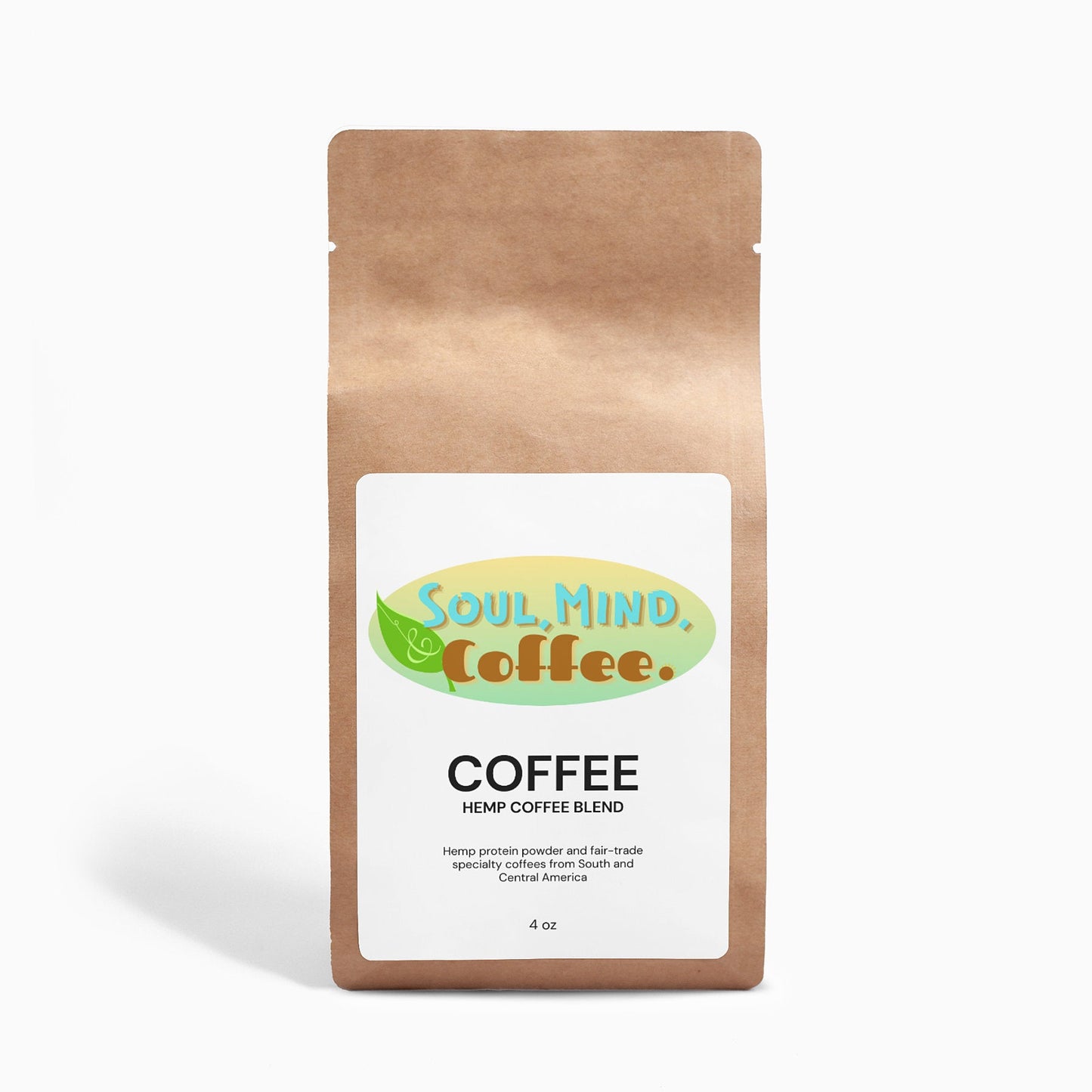 A close-up of the label on a bag of 4oz hemp coffee blend, showing the ingredients and nutritional information.